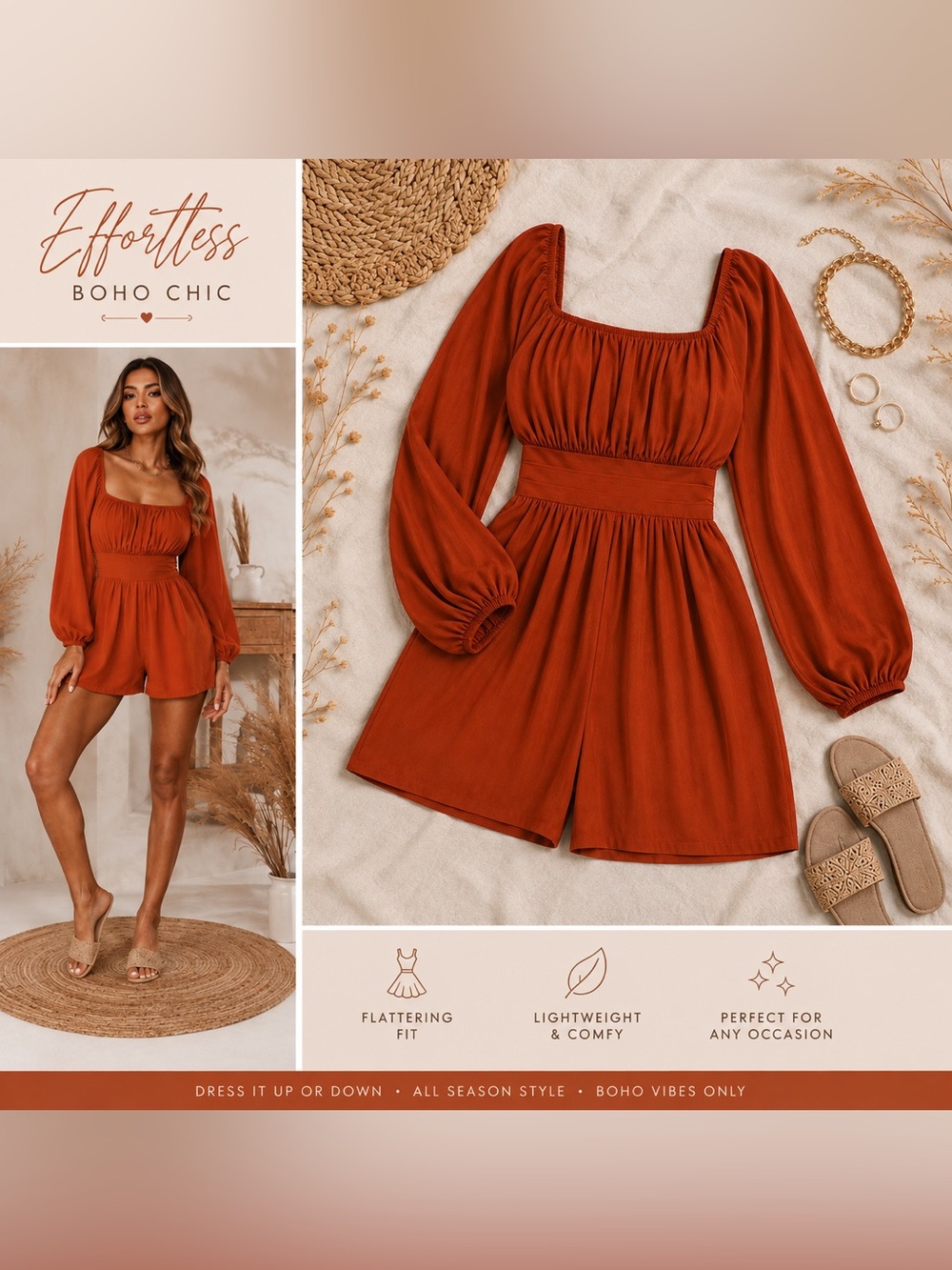 Boho Chic Long-Sleeve Rust Women's shorts Romper